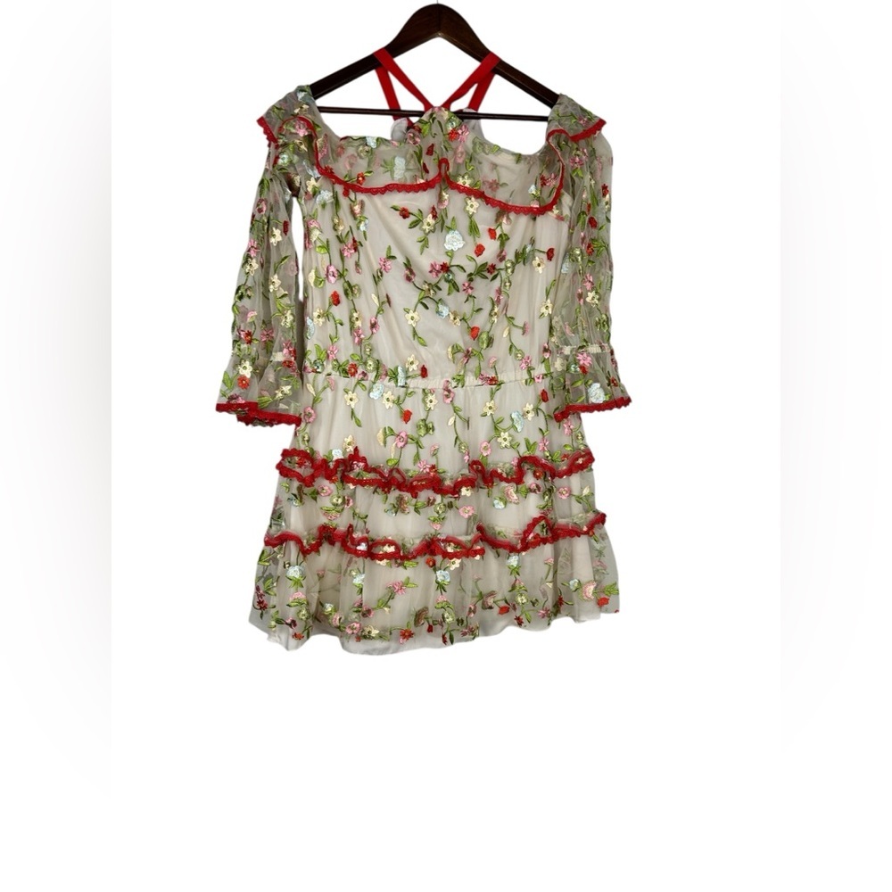 Alexis Floral Off Shoulder Mini Dress Ruffle Red Cream Small - Picture 7 of 11